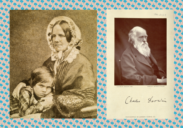 2 fotografias, a primeira de Emma Darwin com Leonard Darwin e a segunda de Charles Darwin
