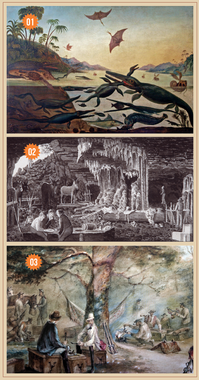 3 Imagens: a primeira é a Pintura Duria Antiquior, a segunda ilustração Lagoa Santa e a terceira aquarela Comissão Científica de Exploração ao Ceará